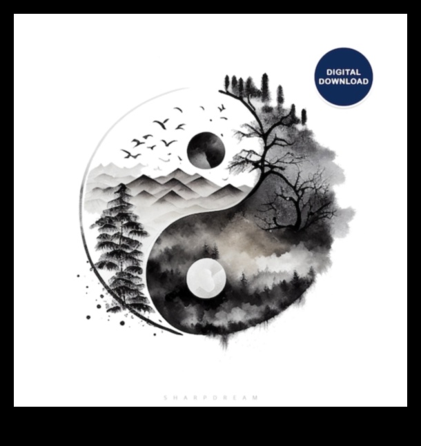 Melnbaltā zīmējuma Iņ un Jaņ 4 Harmonijas zīmēšana: līdzsvara un vienotības sasniegšana melnbaltā krāsā