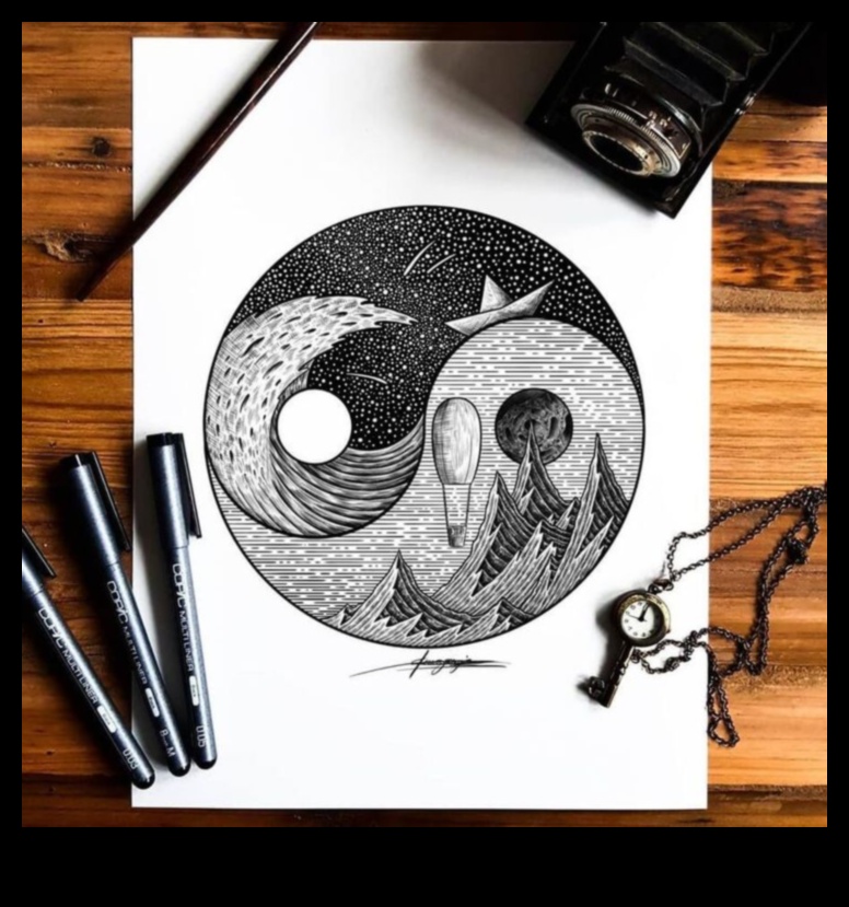 Melnbaltā zīmējuma Iņ un Jaņ 5 Harmonijas zīmēšana: līdzsvara un vienotības sasniegšana melnbaltā krāsā