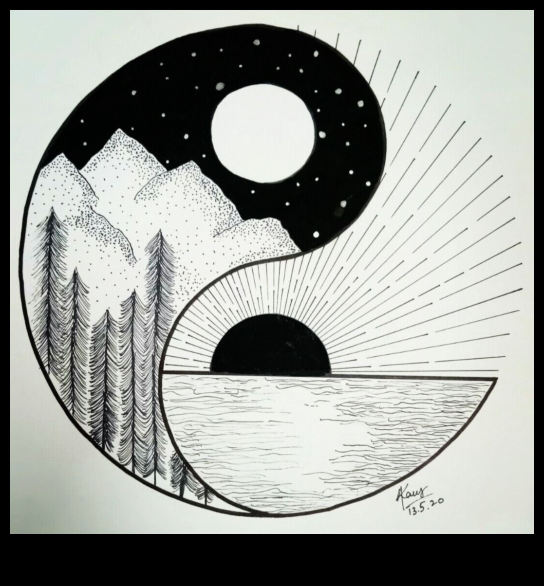 Melnbaltā zīmējuma Iņ un Jaņ 1 Harmonijas zīmēšana: līdzsvara un vienotības sasniegšana melnbaltā krāsā